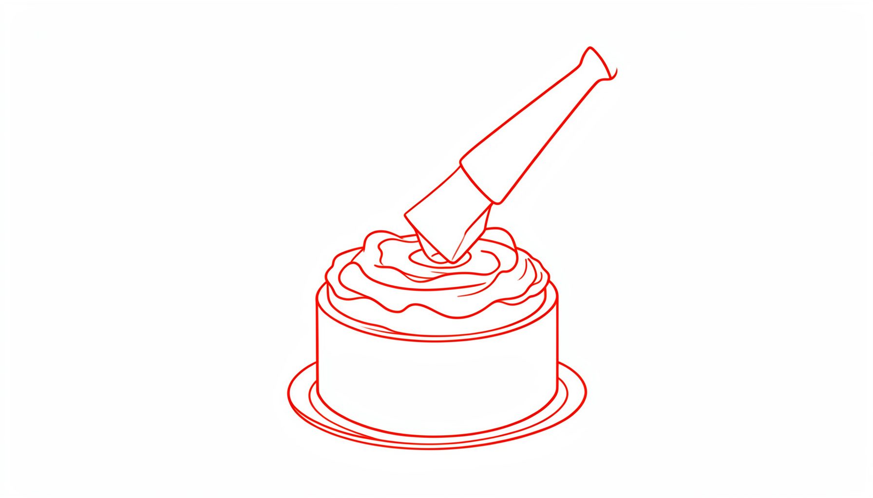 Minimal line drawing of a piping bag decorating a small round cake with red-orange accents