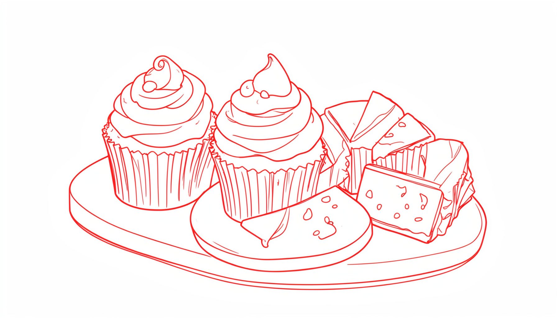 Minimal line drawing of a display of decorated cupcakes and slices in a warm pastel palette