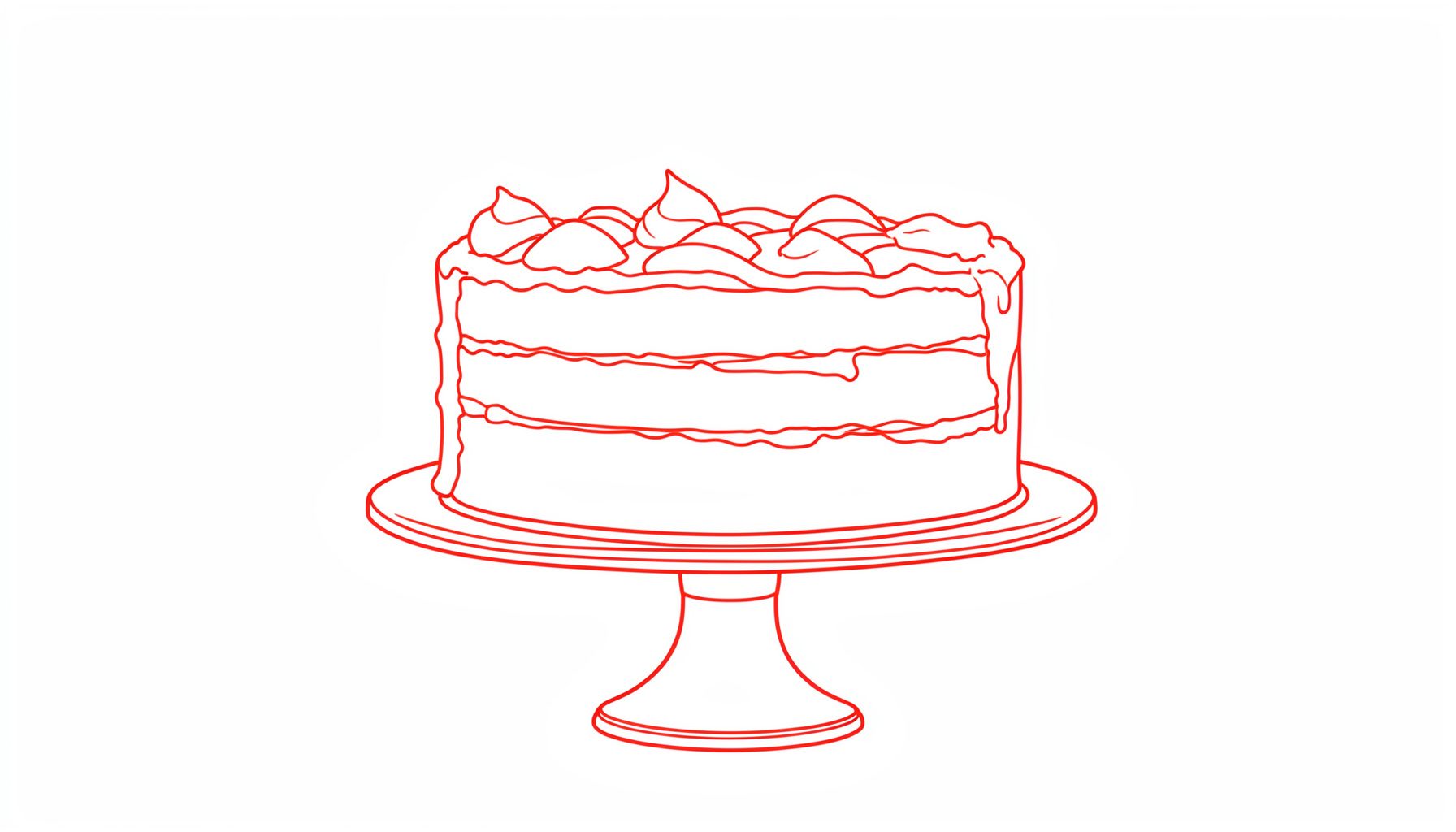 Minimal line drawing of a frosted layer cake on a stand in warm cream and red-orange tones